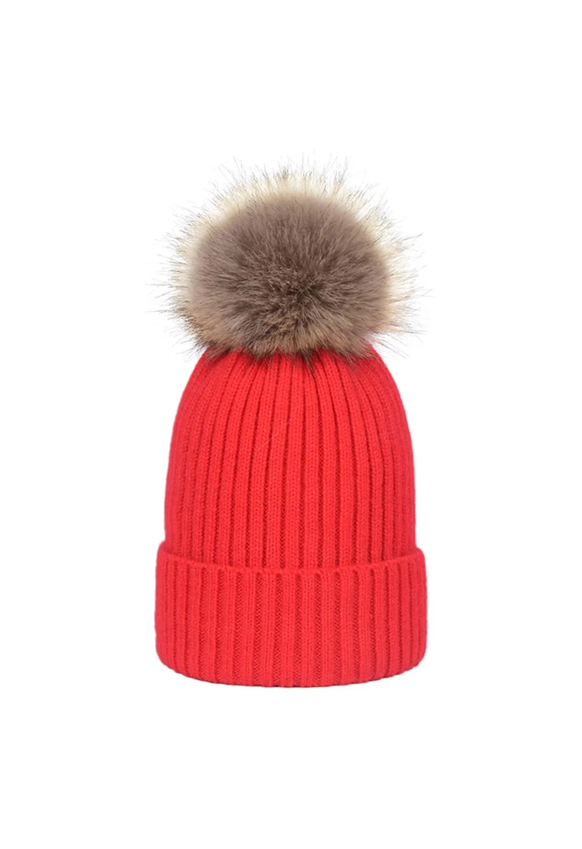 Bonnet en Tricot Côtelé à Pompons en Rouge