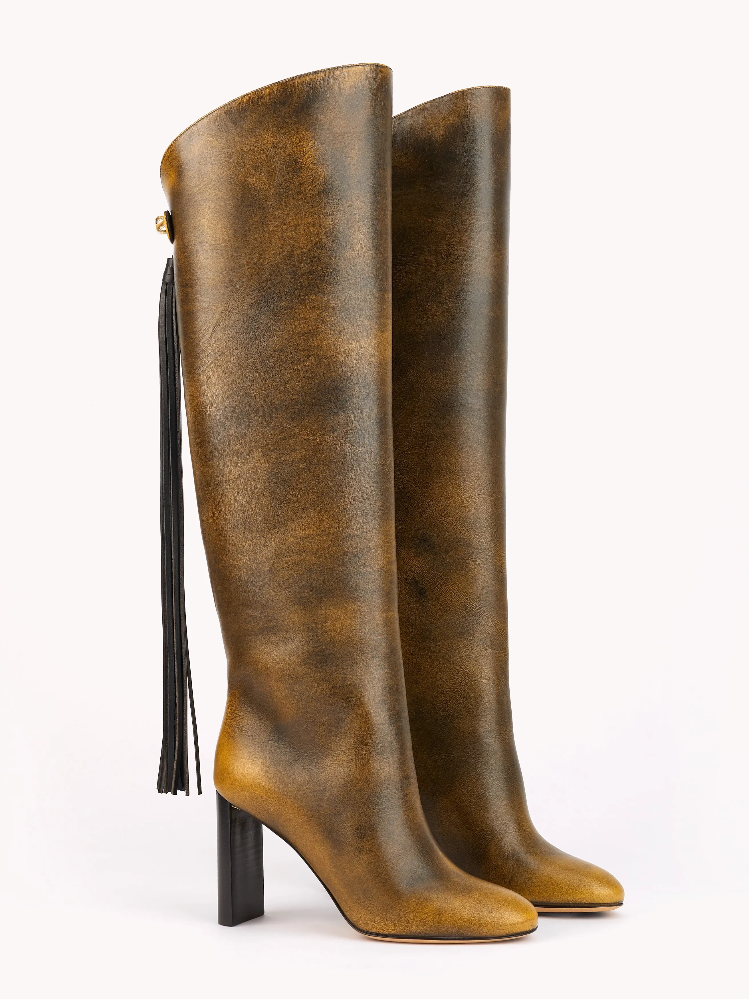 Bottes à talons en cuir marron doré Adriana Cavallo Piper