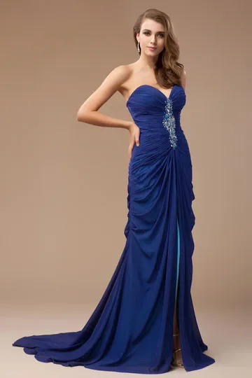 Robe bleu bustier cœur de soirée fendue en strass en mousseline