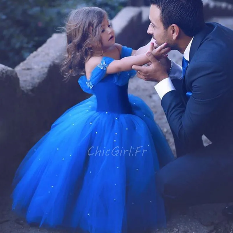 Robe Cendrillon Fille Bleu clair Tulle Strass Robe De Bal Enfant