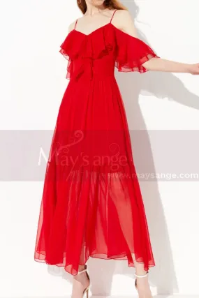Robe De Soirée Rouge Vif Longue Légère A Bretelles Et Volant