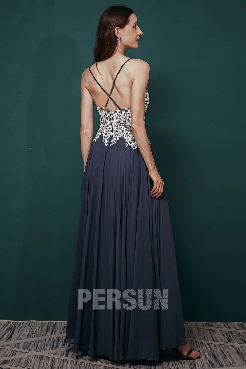 Robe de soirée sexy longue fendue bretelles croisées en mousseline