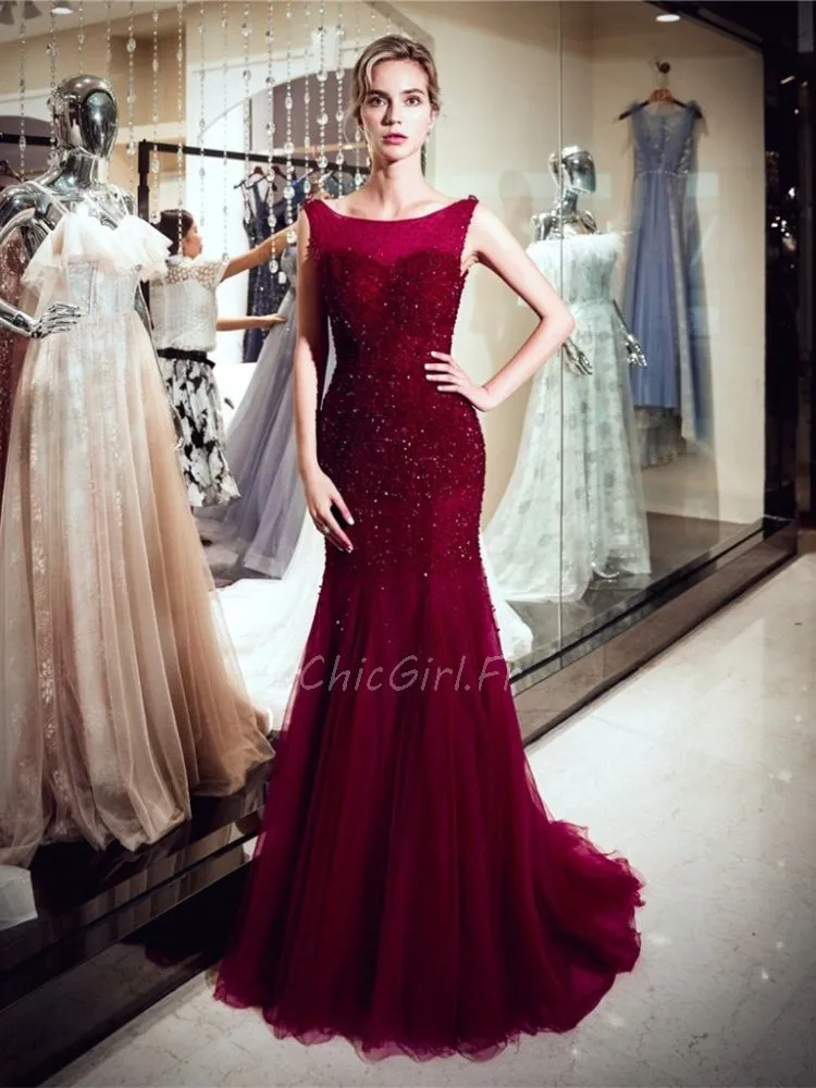 Robe De Soirée Sirène Bordeaux Perle Col Bateau Dos Ouvert