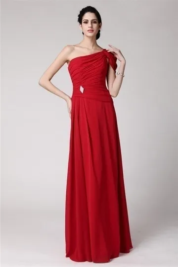 Robe rouge de soirée longue encolure asymétrique plissée à une seule épaule - Robedesoireelongue.fr