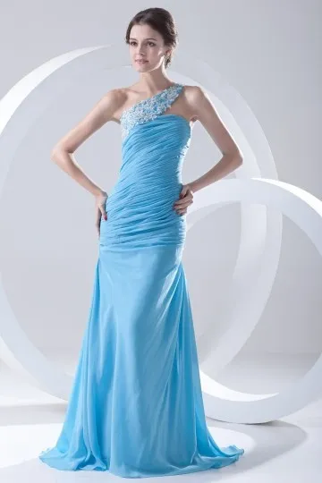 Robe soirée bleue longue col asymétrique plissée à haut fleuri