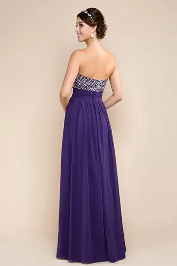 Robe violette bustier pour soirée coeur à paillettes taille empire en mousseline - Robedesoireelongue.fr