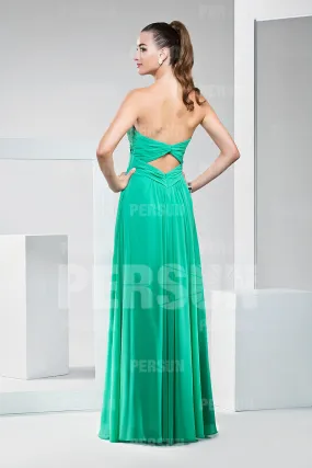 Simple robe longue verte pour soirée en mousseline décolletée en coeur ruchée - Robedesoireelongue.fr